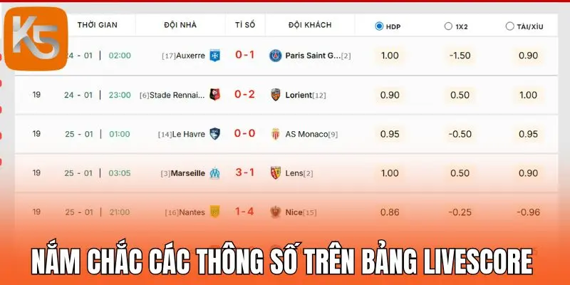 Nắm chắc các thông số trên bảng livescore